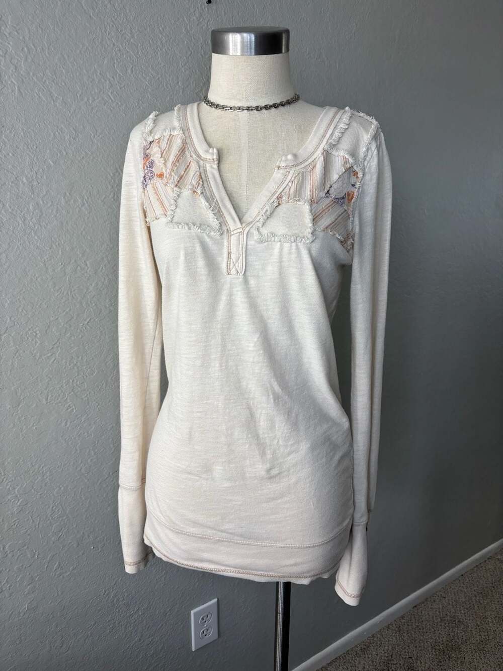 Free People We the Free Slub Knit Thermal Henley with Patchwork and Studded Cuff